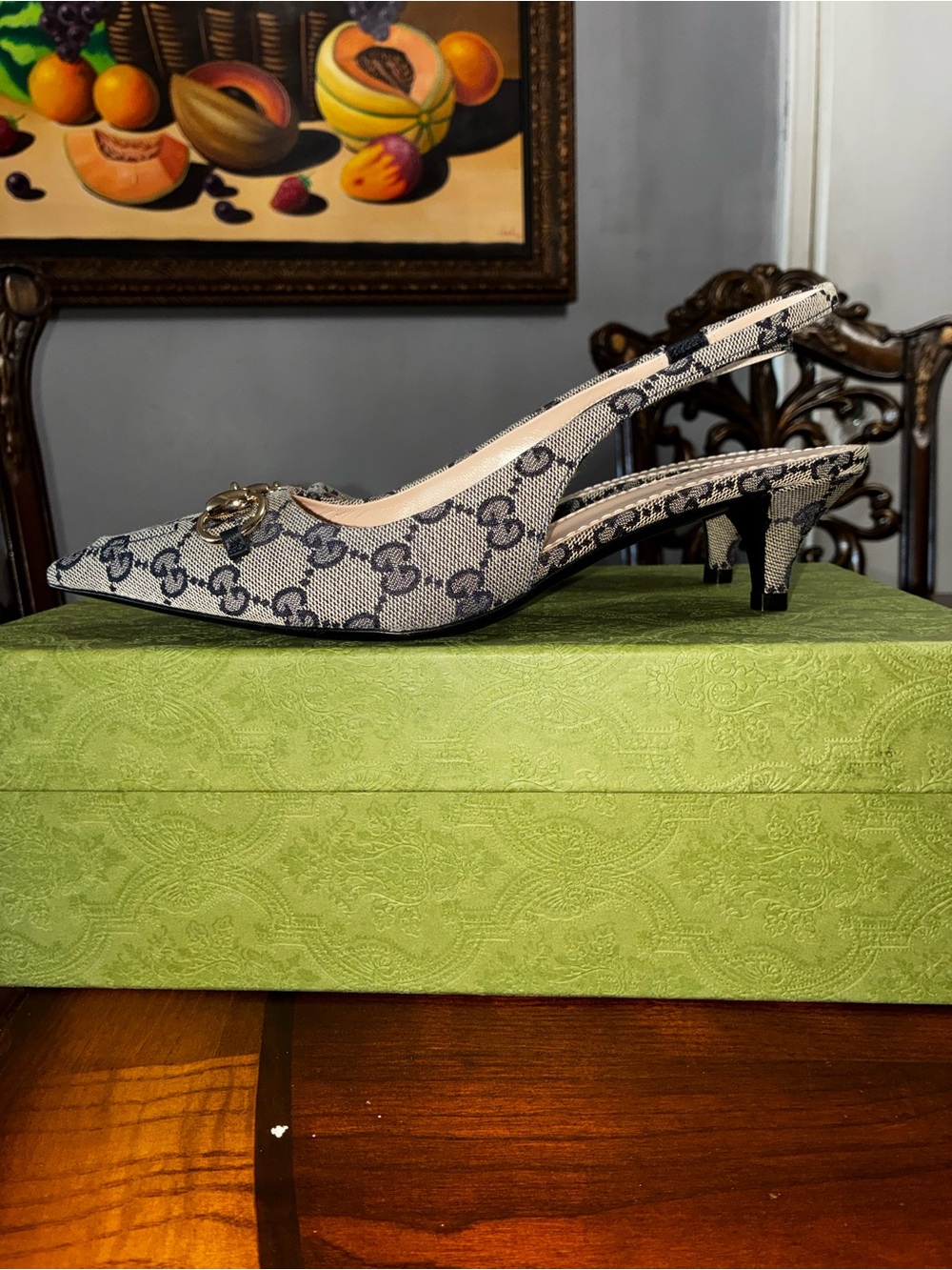 NWT Gucci Women's Slingback Pump with Horsebit Beige Blue GG Canvas Heel 37.5 - Picture 9 of 10